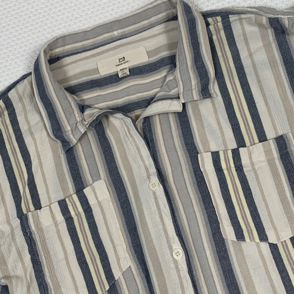 Thread & Supply Womens Striped Button Down Shirt Medium Rayon Cap Sleeve Top